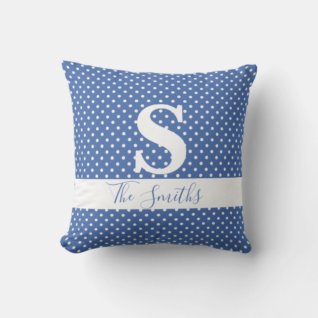 Initial Monogram Blue and White Dot Throw Pillow Kissen (Vorderseite)