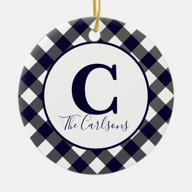 Initial Monogram Foto Navy White Buffalo Kariert Keramik Ornament (Vorne)
