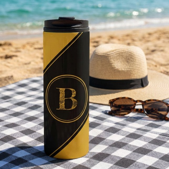 Initial Monogram Geometric Diagonal Black Gold Thermosbecher (Black and gold thermal tumbler with initial letter monogram template text.)