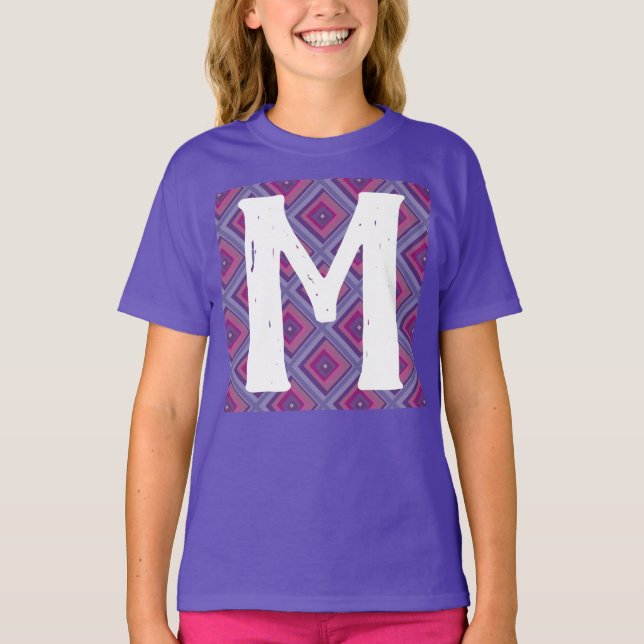 Initial Monogram Pink Lila Diamond Pattern Asym T-Shirt (Vorderseite)