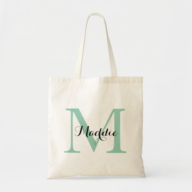 Initial Monogram Tote Bag, Minze Grün und Schwarz Tragetasche (Vorne)