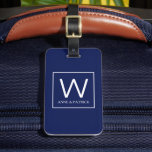 Initial Monogramm-Familiennamen Gepäckanhänger<br><div class="desc">Ein elegantes Monogramm-Design auf marineblarem Hintergrund mit quadratischem Rahmen,  personalisiert mit Ihren Familiennamen und Vornamen.. um Ihr Gepäck leicht zu identifizieren.</div>