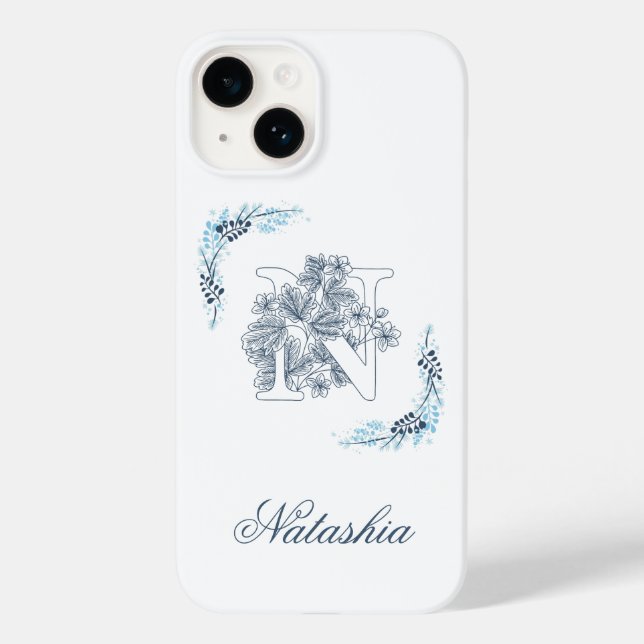 Initial "N" Blue Monogram Calm Floral Case-Mate iPhone Hülle (Rückseite)