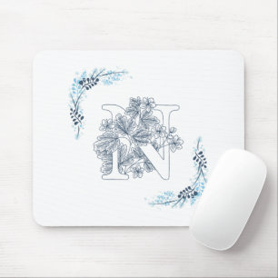 Initial "N" Blue Monogram Calm Floral Mousepad