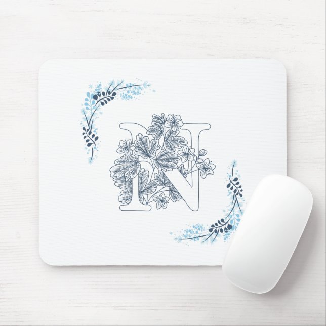 Initial "N" Blue Monogram Calm Floral Mousepad (Mit Mouse)
