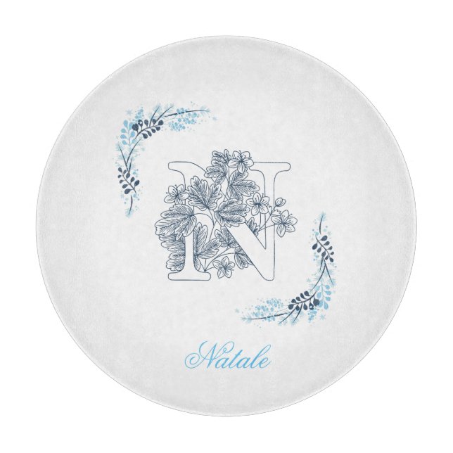 Initial "N" Blue Monogram Calm Floral Schneidebrett (Vorderseite)