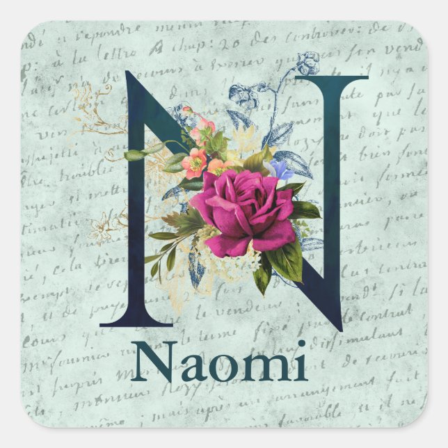 Initial N extravagant florale Monogramm Quadratischer Aufkleber (Vorderseite)