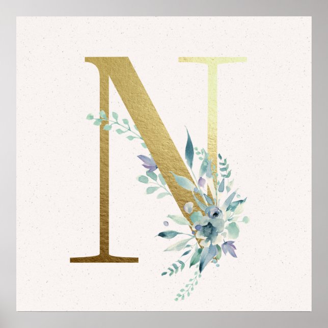Initial N Golden and Blue Floral Monogram Poster (Vorne)