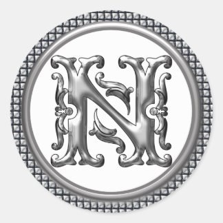 Initial N Round Aufkleber in Silver