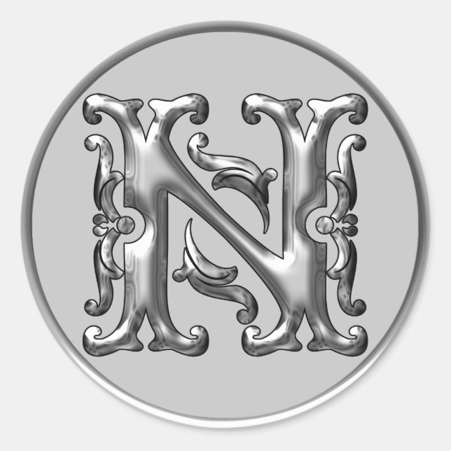 Initial N Rundkleber in Silber Runder Aufkleber (Vorderseite)