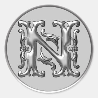 Initial N Rundkleber in Silber Runder Aufkleber