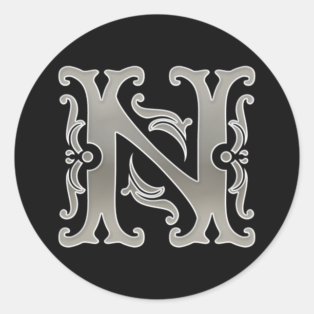 Initial N Rundkleber in Silber Runder Aufkleber (Vorderseite)