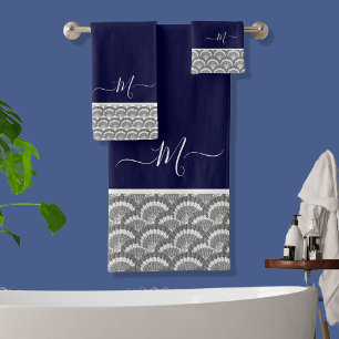 Initial Nautic Navy Blue Gray Seashell Monogram Badhandtuch Set