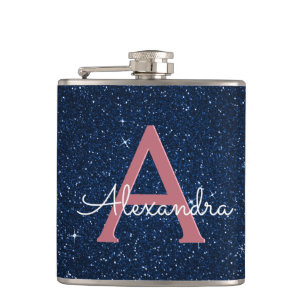 Initial "Navy Blue & Rose Gold Sparkle Monogram" Flachmann