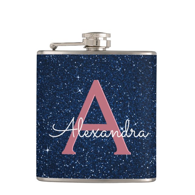 Initial "Navy Blue & Rose Gold Sparkle Monogram" Flachmann (Vorderseite)