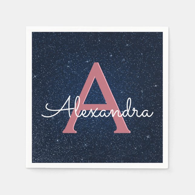 Initial "Navy Blue & Rose Gold Sparkle Monogram" Serviette (Vorderseite)