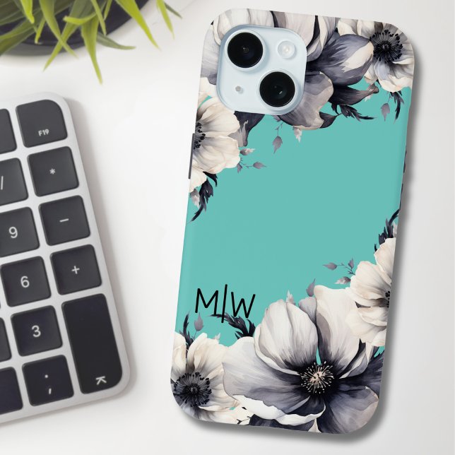 Initial niedliche Elegant-Floral-Monogramm Case-Mate iPhone Hülle (Chic Stylish Floral Teal Blue Black White Monogram Case-Mate iPhone Case)