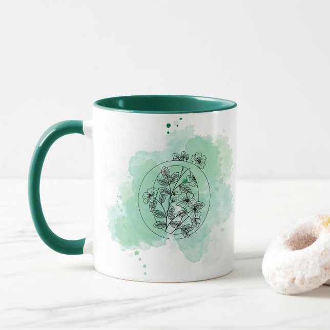 Initial O Aquarell Monogram Green Botanical Tasse (Mit Donut)