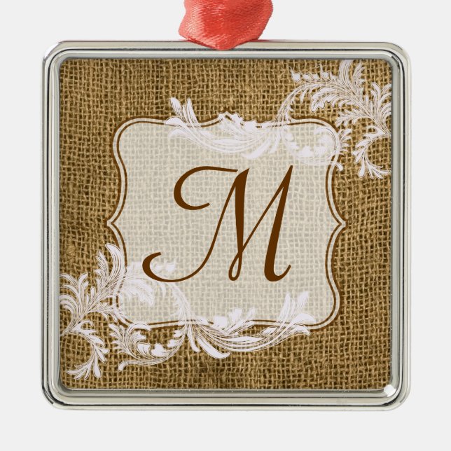 Initial-Ornament des Burlap Country Lace Monogram Silbernes Ornament (Vorne)