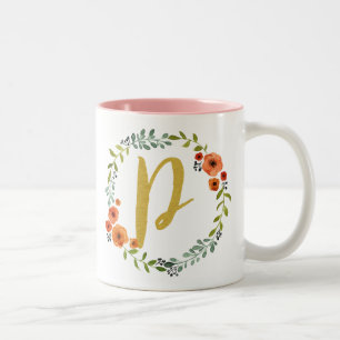 Initial P. Botanische Blume Wreath Gold Monogramm Zweifarbige Tasse
