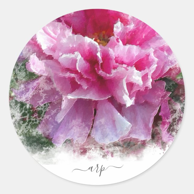 *~* Initial - Peony Floral Painting Round AR1 Runder Aufkleber (Vorderseite)