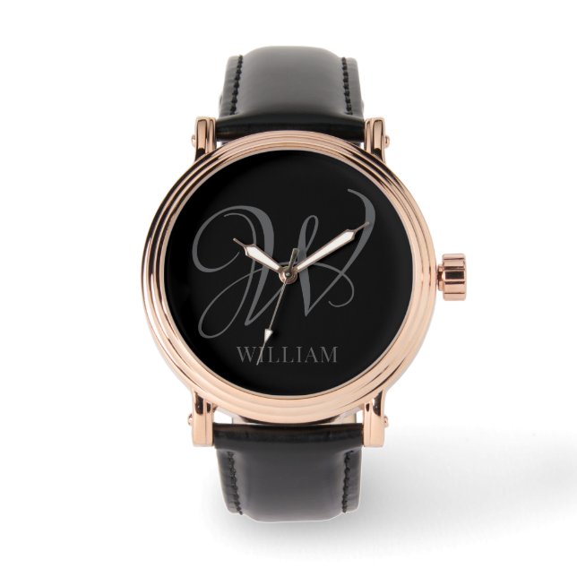Initial Personalisiert Elegant Black Gray Monogram Armbanduhr (Vorderseite)