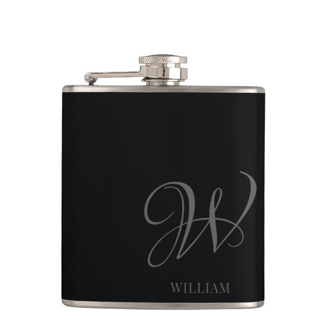 Initial Personalisiert Elegant Black Gray Monogram Flachmann (Vorderseite)