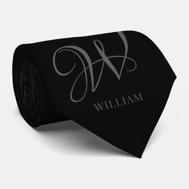 Initial Personalisiert Elegant Black Gray Monogram Krawatte (Gerollt)
