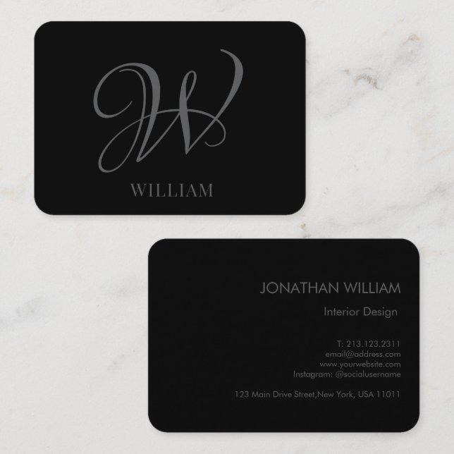 Initial Personalisiert Elegant Black Gray Monogram Visitenkarte (Vorne/Hinten)