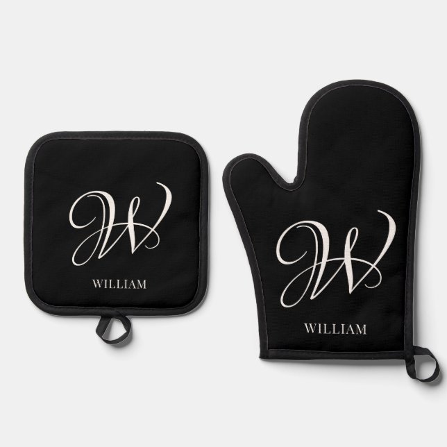 Initial Personalisiert Elegant Black Monogram Ofenhandschuh & Topflappen-Set (Vorderseite)