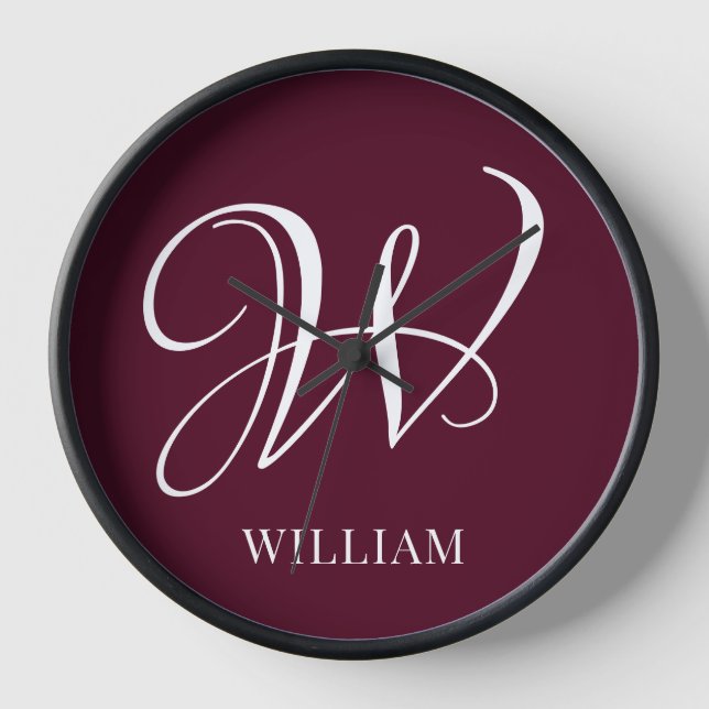 Initial Personalisiert Elegant Burgundy Monogram Uhr (Vorderseite)