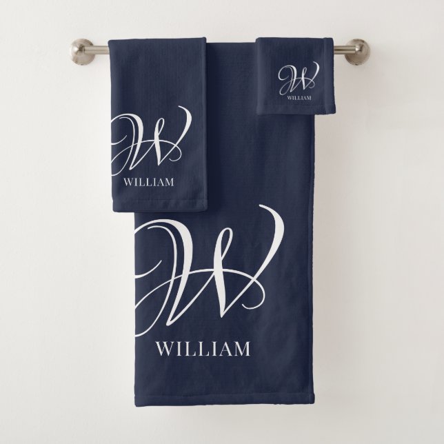 Initial Personalisiert Elegant Navy Blue Monogram Badhandtuch Set (Insitu)