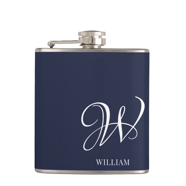Initial Personalisiert Elegant Navy Blue Monogram Flachmann (Vorderseite)