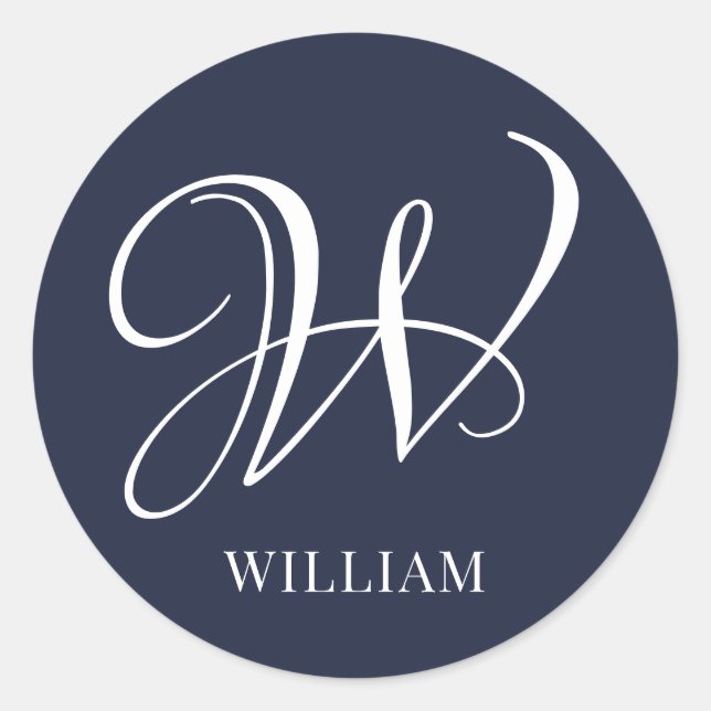 Initial Personalisiert Elegant Navy Blue Monogram Runder Aufkleber (Vorderseite)