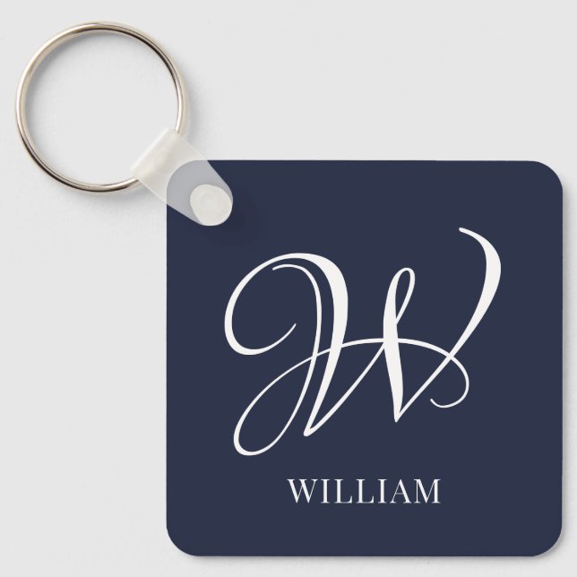 Initial Personalisiert Elegant Navy Blue Monogram Schlüsselanhänger (Vorderseite)