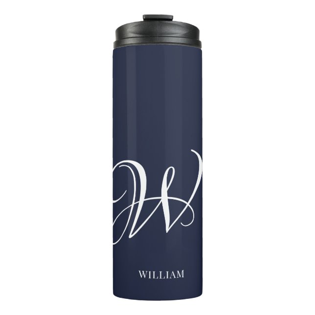 Initial Personalisiert Elegant Navy Blue Monogram Thermosbecher (Vorderseite)