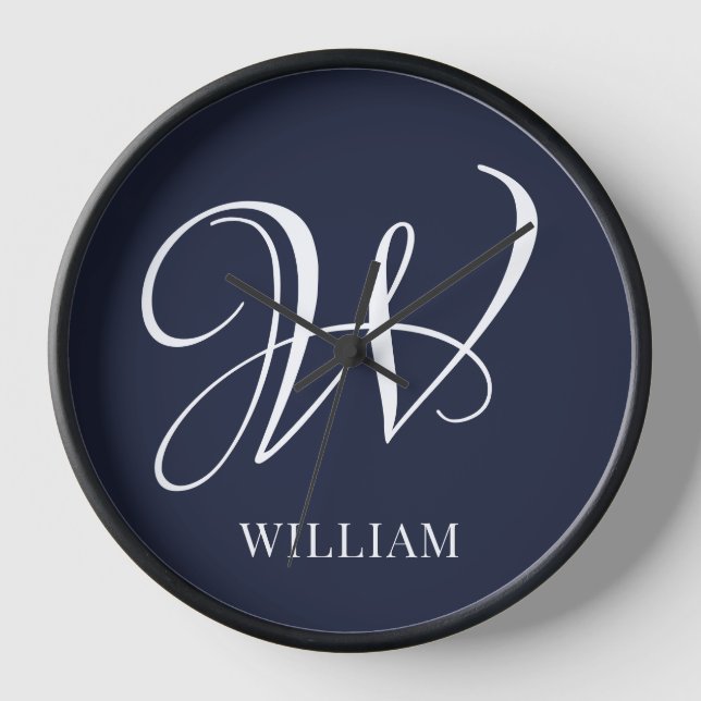 Initial Personalisiert Elegant Navy Blue Monogram Uhr (Vorderseite)