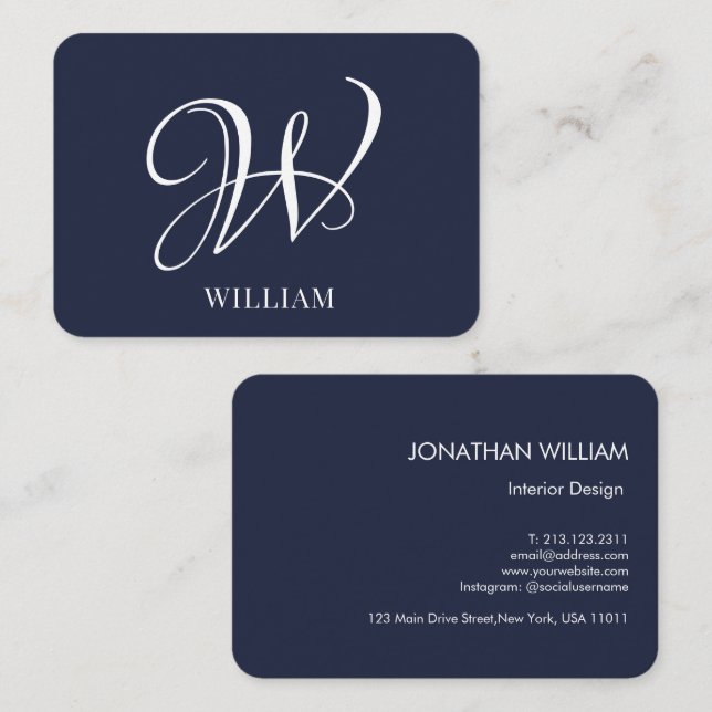 Initial Personalisiert Elegant Navy BlueMonogram Visitenkarte (Vorne/Hinten)