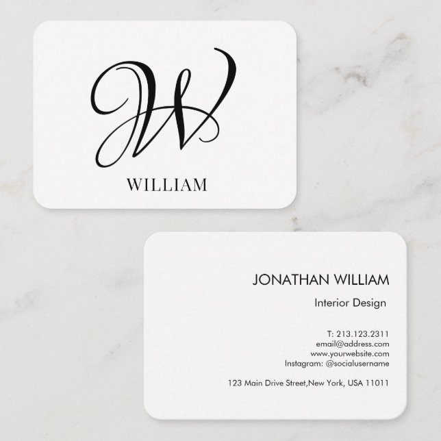 Initial Personalisiert elegant Weißes Monogramm Visitenkarte (Vorne/Hinten)