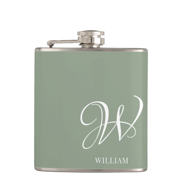 Initial Personalisierte Elegant Sage Green Monogra Flachmann (Vorderseite)
