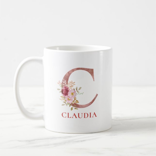 Initial Personalisierter Name Floral Elegant Monog Kaffeetasse (Links)