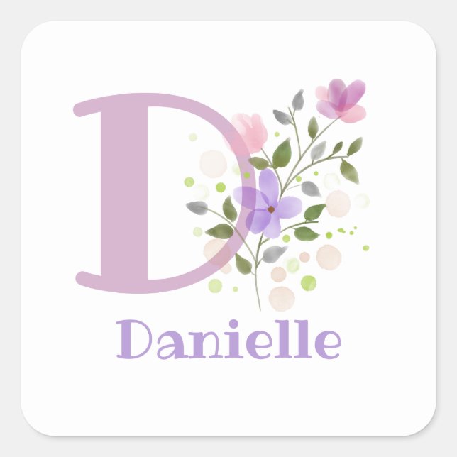 Initial Plus Name & Blume. Floral Quadratischer Aufkleber (Vorderseite)
