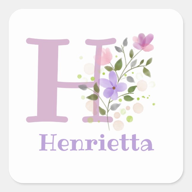 Initial Plus Name Henrietta & Blume Design Quadratischer Aufkleber (Vorderseite)