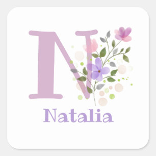 Initial Plus Name Natalia & Blume Design Quadratischer Aufkleber