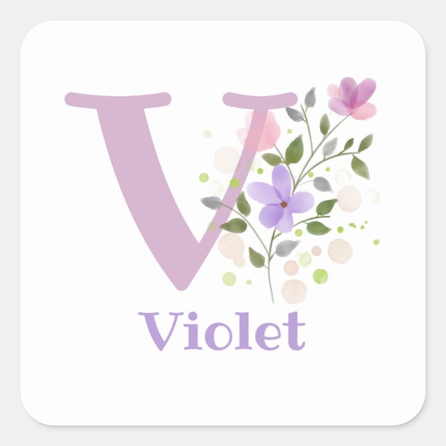 Initial Plus Name Violet & Blume Design Quadratischer Aufkleber (Vorderseite)
