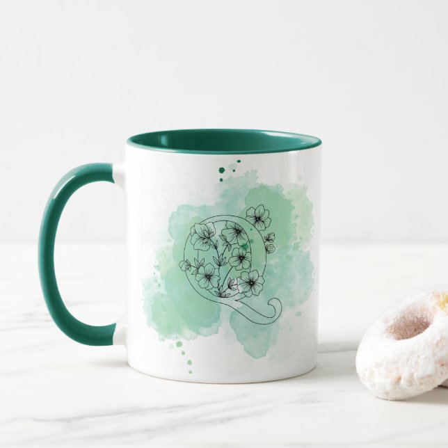 Initial Q Aquarellmonogramm Grün Botanisch Tasse (Mit Donut)