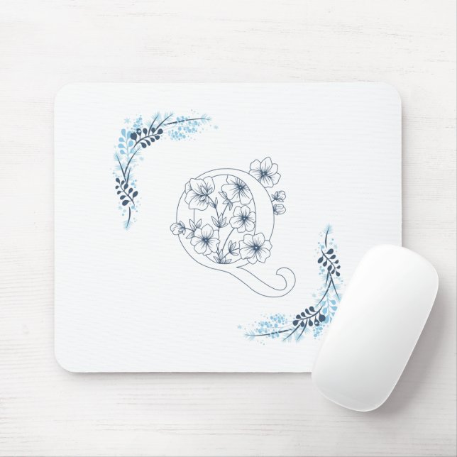 Initial "Q" Blue Monogram Calm Floral Mousepad (Mit Mouse)