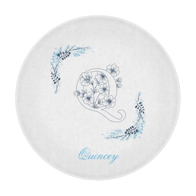 Initial "Q" Blue Monogram Calm Floral Schneidebrett (Vorderseite)
