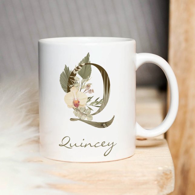Initial Q Boho Floral Orchid Greenery Individuelle Kaffeetasse (Von Creator hochgeladen)
