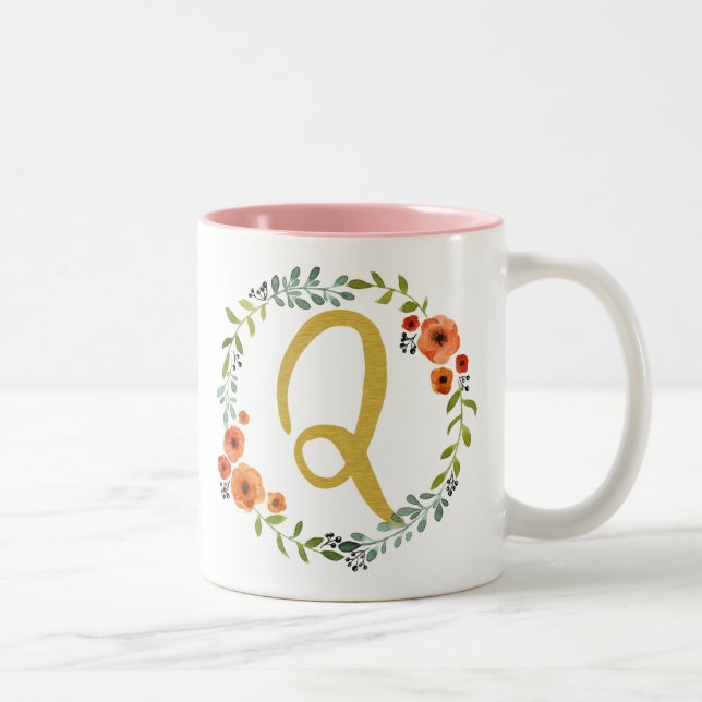 Initial Q: Botanische Blume Wreath Gold Monogram Zweifarbige Tasse (Rechts)